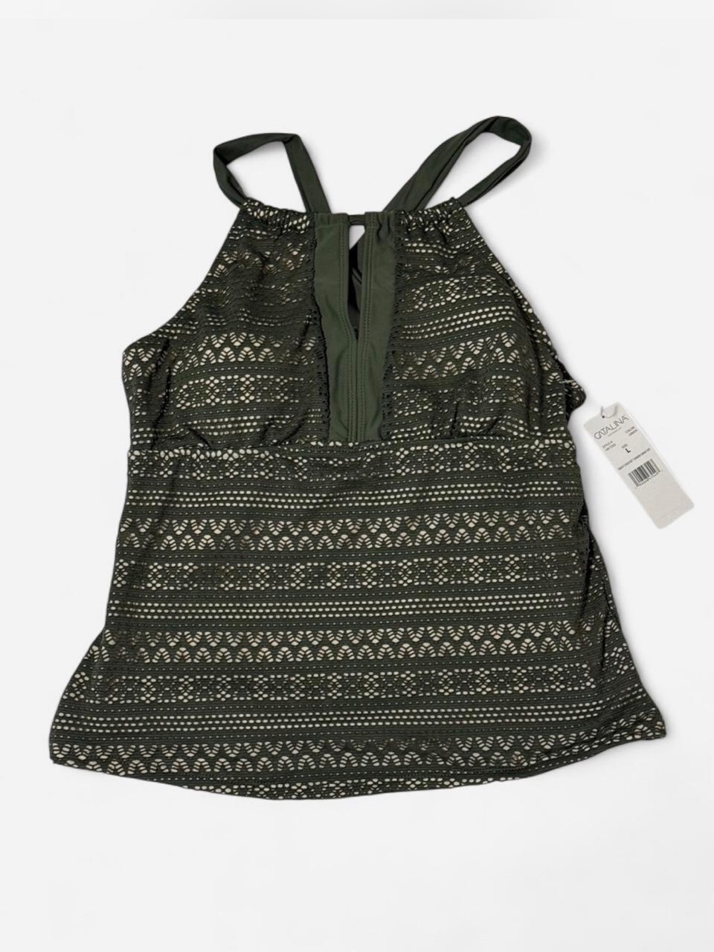Catalina Olive Crochet Halter Tankini Swim Top - Size L